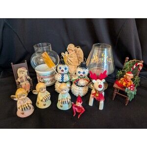Lot of 12 Vtg Christmas Decor Fairy Lamps Sequin Snowman Clay Santa Angel Bells